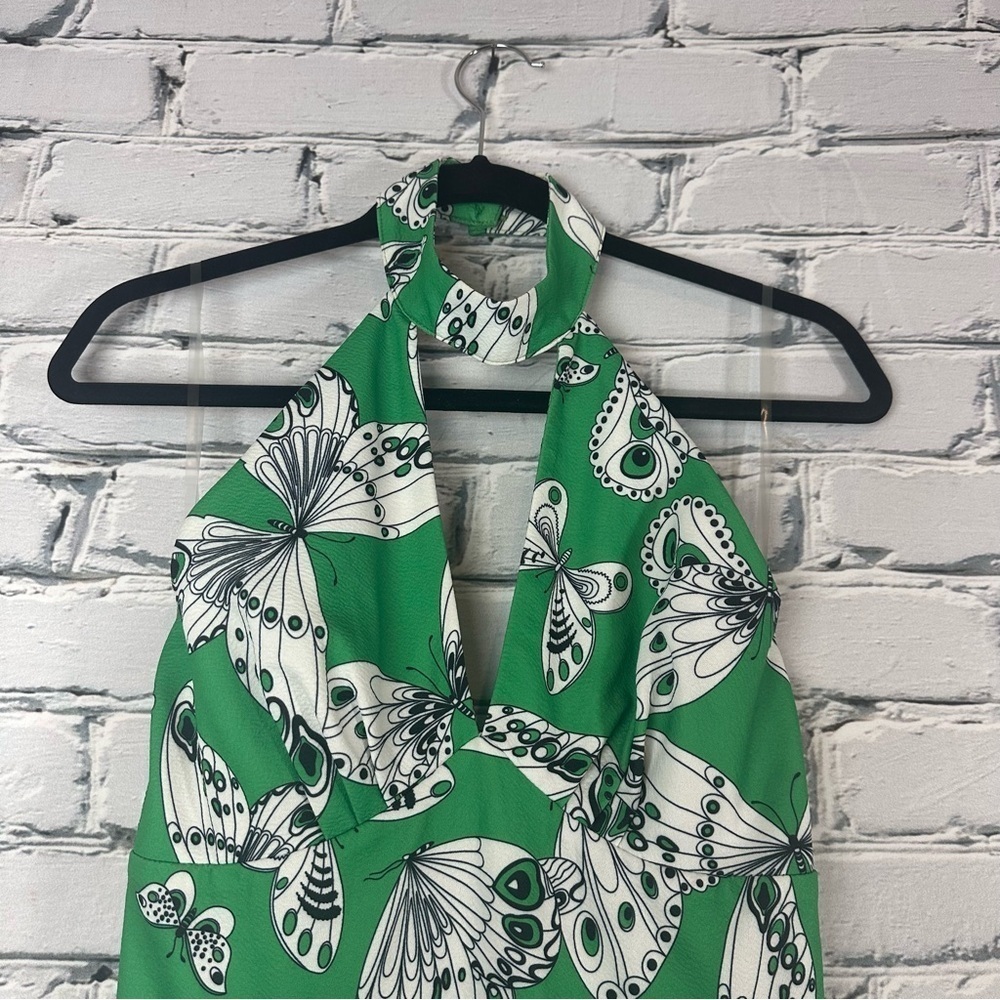 Unique Vintage Smak Parlour Butterfly Halter Flare Jumpsuit Green Medium 6/8 70s - Picture 5 of 13